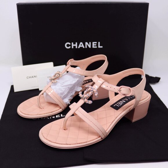 Chanel 37.5 T Strap Thong Sandals Light Pink 23C Chain CC - Picture 4 of 12